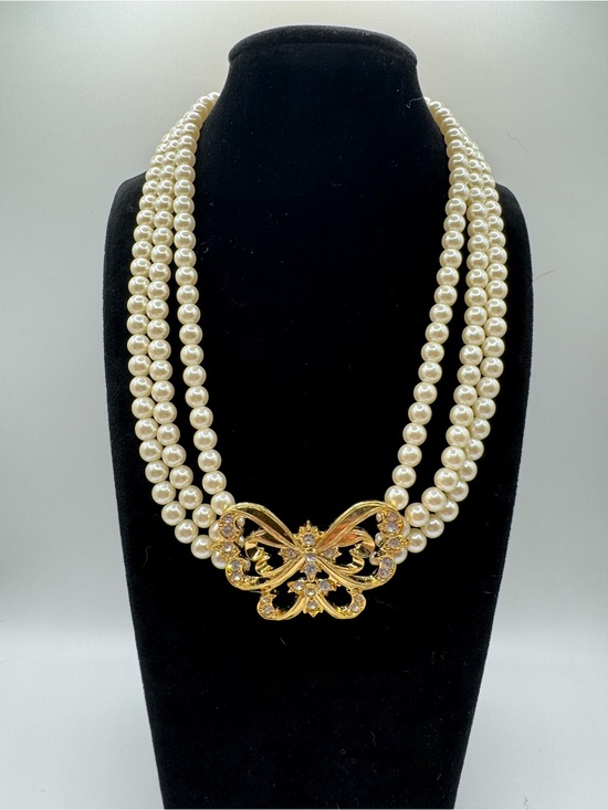 Jewelry - Pearl Triple-Strand Necklace with Gold Butterfly Accent